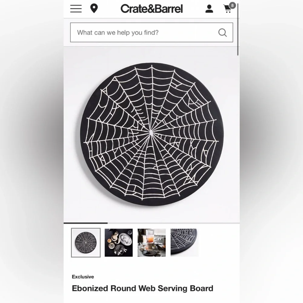 NEW Crate & Barrel Halloween Ebonized Round Web Serving Board 12.25” diameter